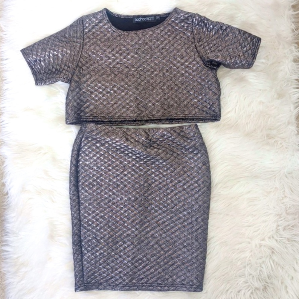 Boohoo 2 Piece Silver Skirt Set